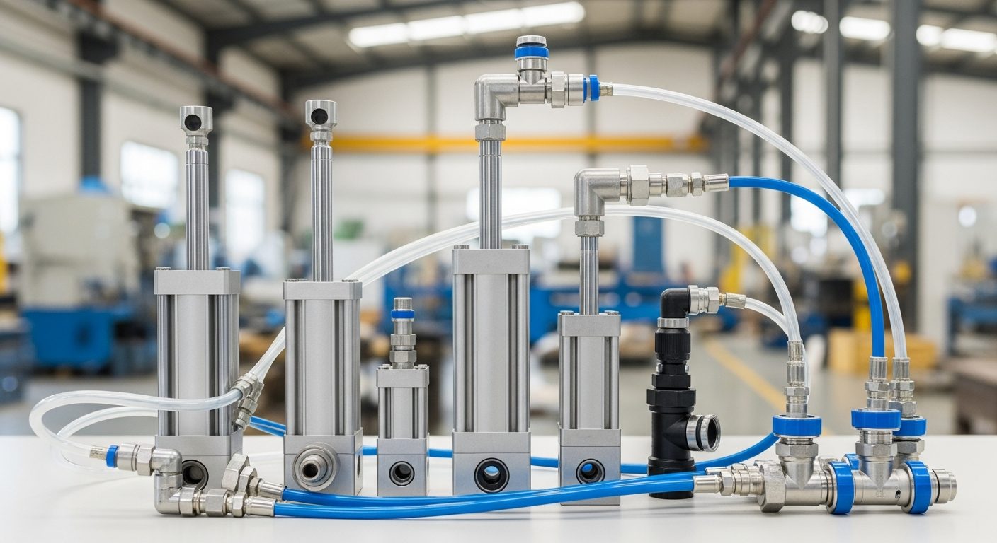 Cilindros neumáticos y conectores en planta industrial
