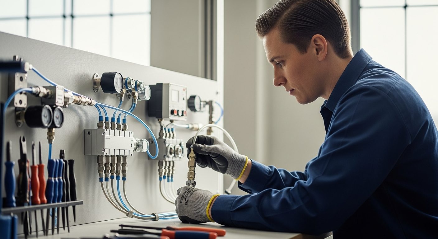 Técnico instalando línea neumática con conectores